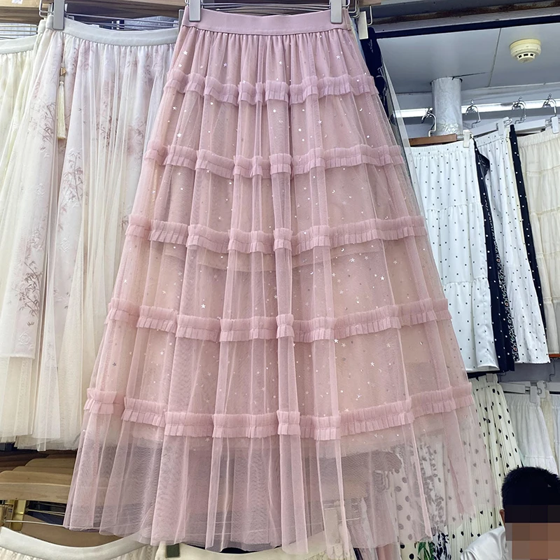 

Sweet Long Skirts for Women Sequins Gauze Patchwork Tierred A-line Streetwear High Waist Draped Faldas Largas Summer Dropship