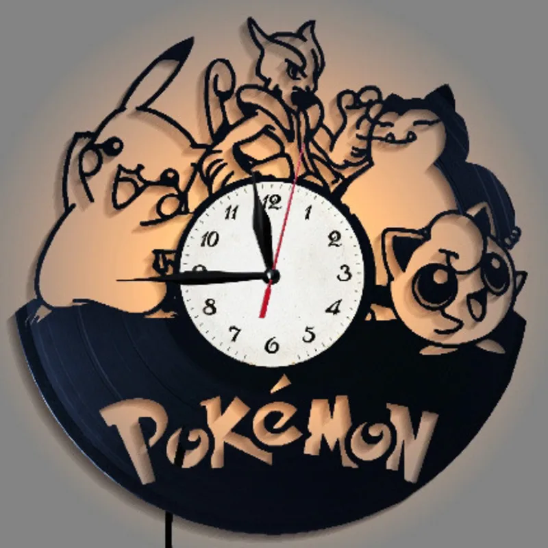 

30cm Pokemon Wall Clock Pikachu Snorlax Mewtwo Jigglypuff Black Vinyl Record Wall Clocks Creative Cartoon Anime Home Decor