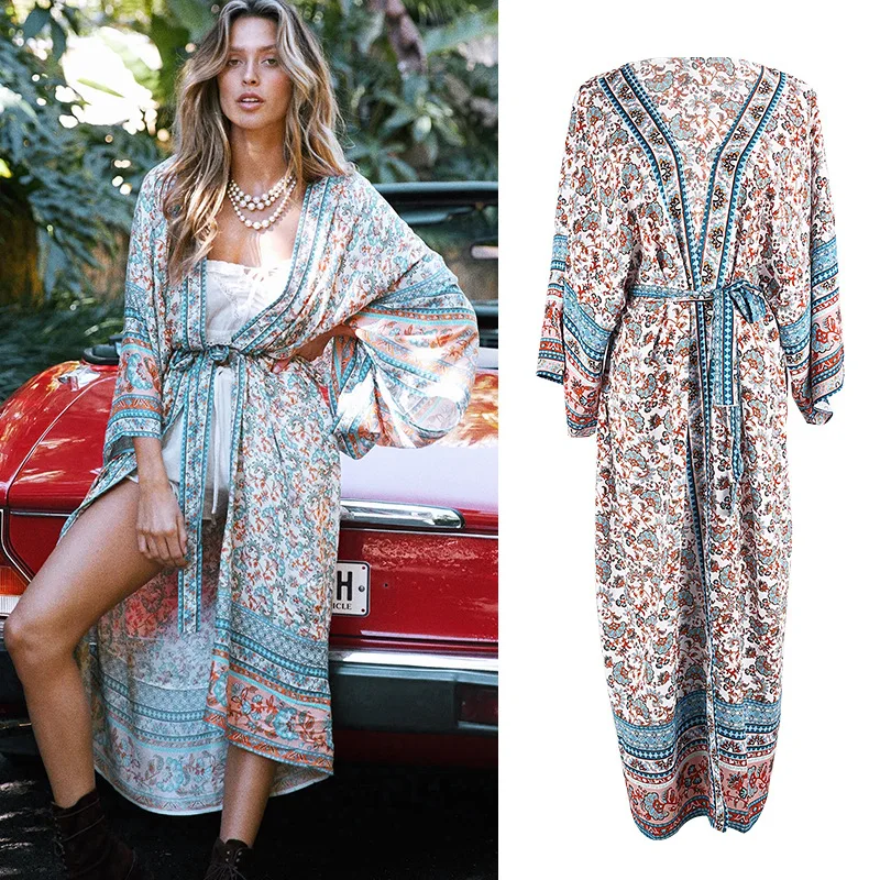 

New New Boho Floral Print Half Sleeve Dress Summer Beach Wear Long Kimono Plus Size Women Clothes Sexy V-neck Lady Loose Dresse