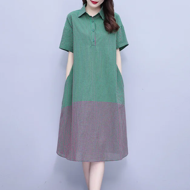 

Fashionable Korean Women's Lapel Double Pocket Pleated Short Sleeved 2024 New Summer Patchwork Loose A-line Dress L106
