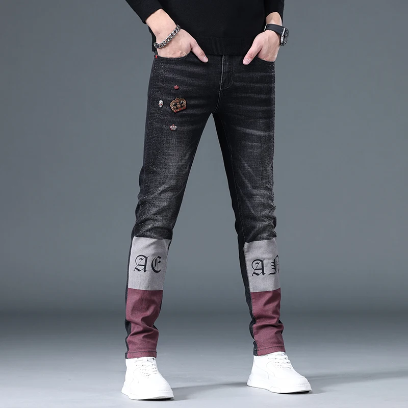 Four Seasons Fall Winter Fashion Jeans Men's Embroidered Skinny Personality Trendy and Thin Looking Black Popular Long Pants