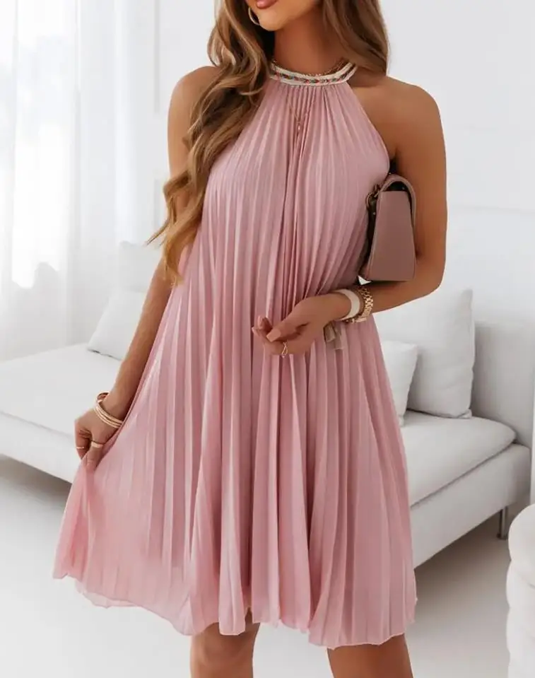 Vestidos de verano sin mangas para mujer, minivestido informal plisado