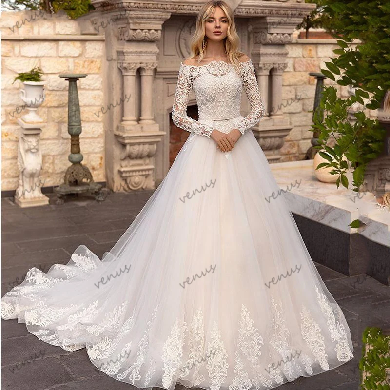 

Exquisite Wedding Dresses A-Line Tulle Tiered Bridal Gowns Lace Appliques Full Sleeves Modest Robes For Brides Vestidos De Novia