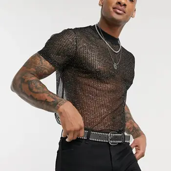 Thin Breathable Fashion Nightclub Party Base Shirt European and American Style Men's Clothing Mesh Sexy T-shirt