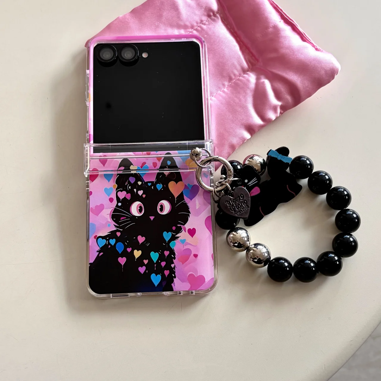 Colorful Love Heart Black Cat Folding Phone Case with Wrist Strap
