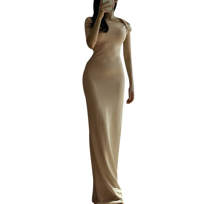 Vestidos sexis de verano para mujer, de color liso, irregulares, con cuello oblicuo, manga corta, ajustados, largos, para fiesta de noche Y2K.