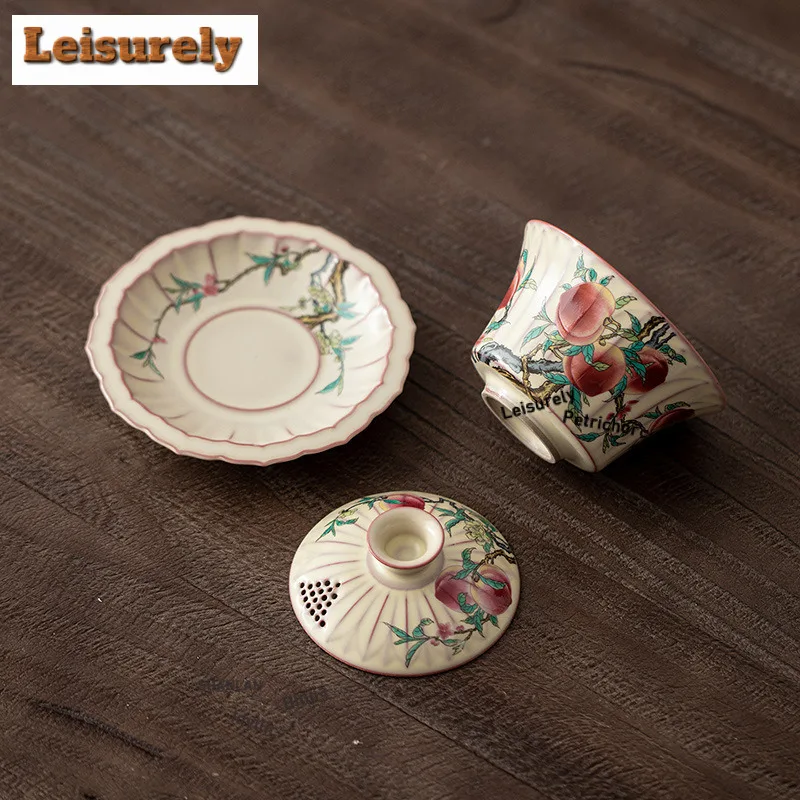 175ml Lard Jelly Ru Kiln Nine Peach Horse Hoof Gaiwan Vintage Tea Tureen Tea Bowl with Lid Kit Tea Making Cover Bowl for Tea