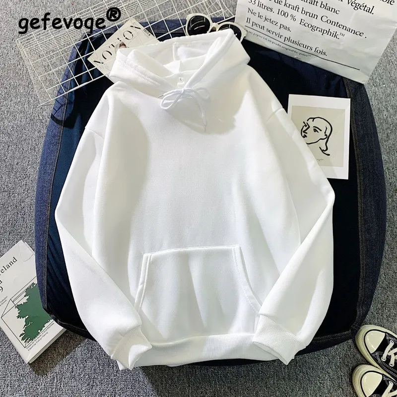 Women Korean Fashion Solid Loose Streetwear Harajuku Hooded Sweatshirts Winter Fleece Thicken Female Pullovers Oversized Hoodies 