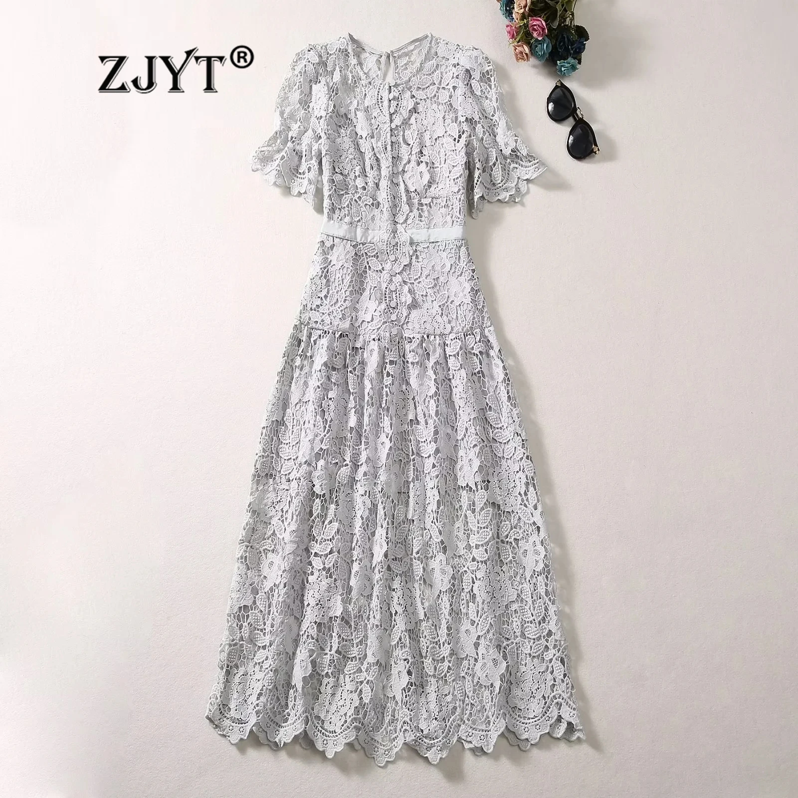 

ZJYT Hollow Out Crochet Sexy Lace Dress for Women 2024 Runway Summer Party Holiday Dresses Elegant Short Sleeve Midi Vestidos