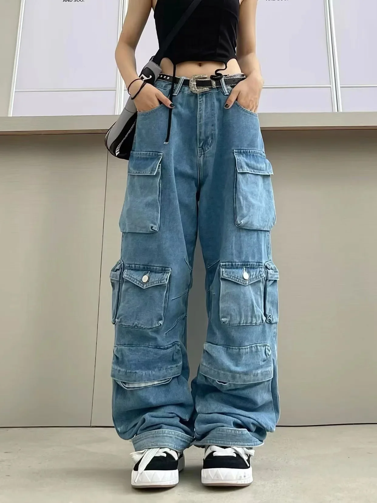 

Multi-Pocket Blue Washed Cargo Pants Y2k Retro High Street Fashion High Waist Jeans Couple Casual Joker Mopping Jeans Pant Women