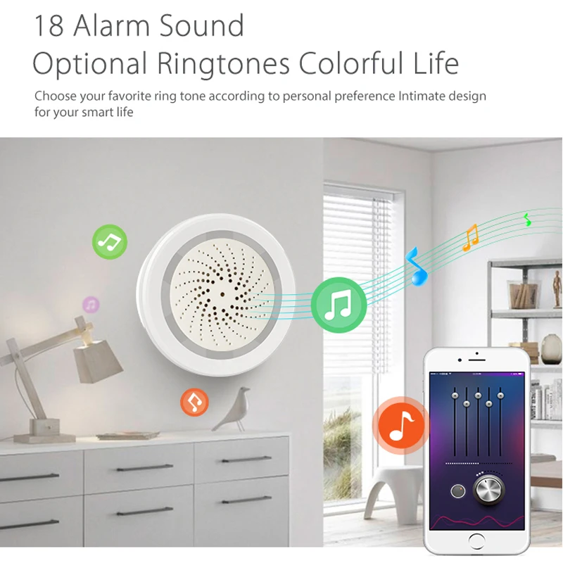 Alarma de sirena WiFi Tuya Smart Life, altavoz fuerte de 100dB, 18 tonos de llamada con alerta de luz estroboscópica para sistema de seguridad del hogar