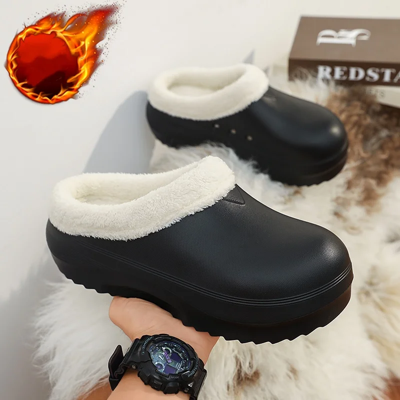 Cotton Slippers for Men and Women, Autumn and Winter, Fleece-Lined, Thickened, Warm, Large Size, Closed-Toe Slippers, Suitable for Outdoor Wear, Cold-Resistant, Non-Slip Cotton Shoes