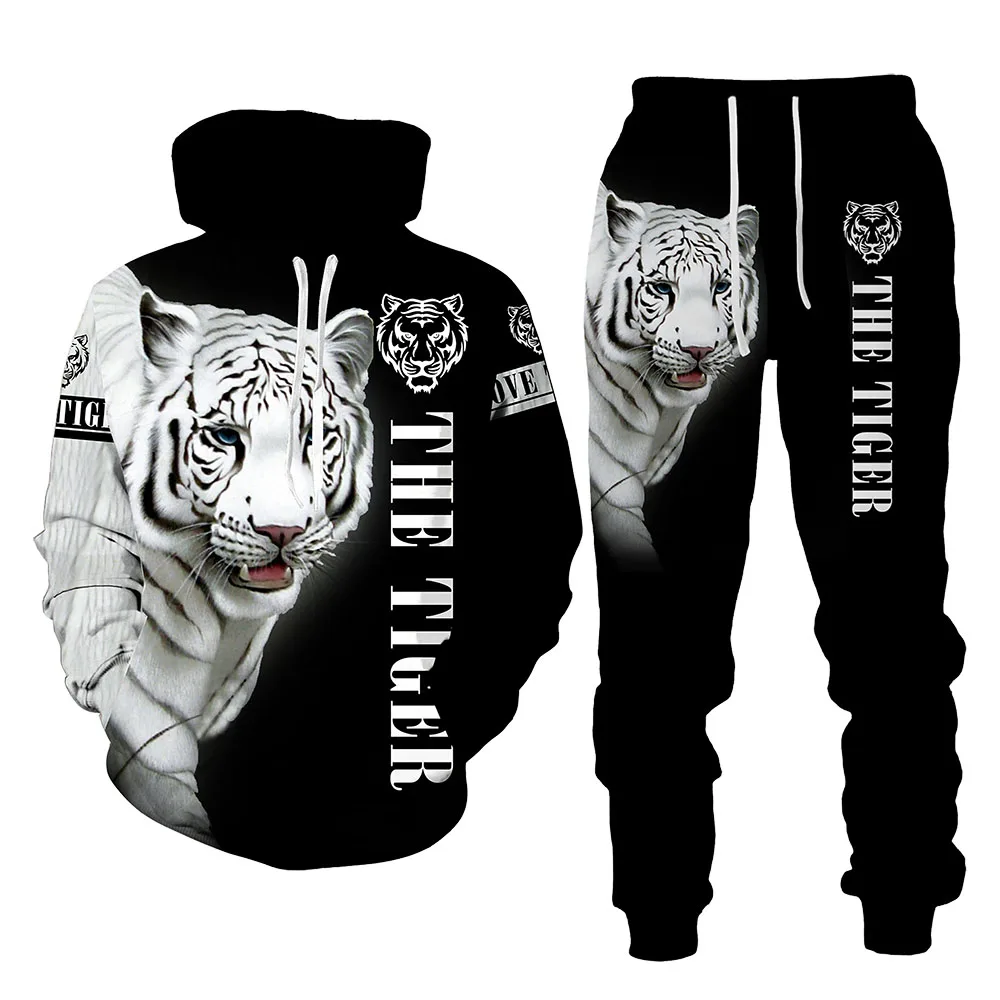 Leopard 3D Print Sweatshirts Suit  Autumn Fashion Men's Hoodie 2 Piece Set Street Pullover Male Casual Tracksuit Hoodie Set