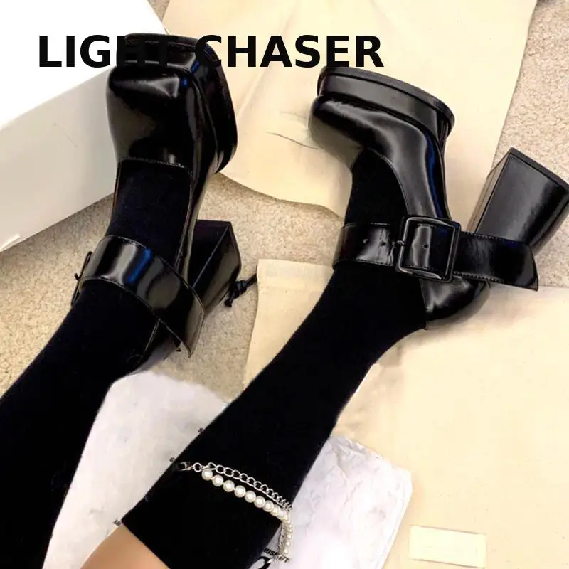 Women Mary Jane Square Toe High Heels Women's Pumps Thick Platform Lolita Females Shoes Ankle Warp Vintage Party Punk Black 43