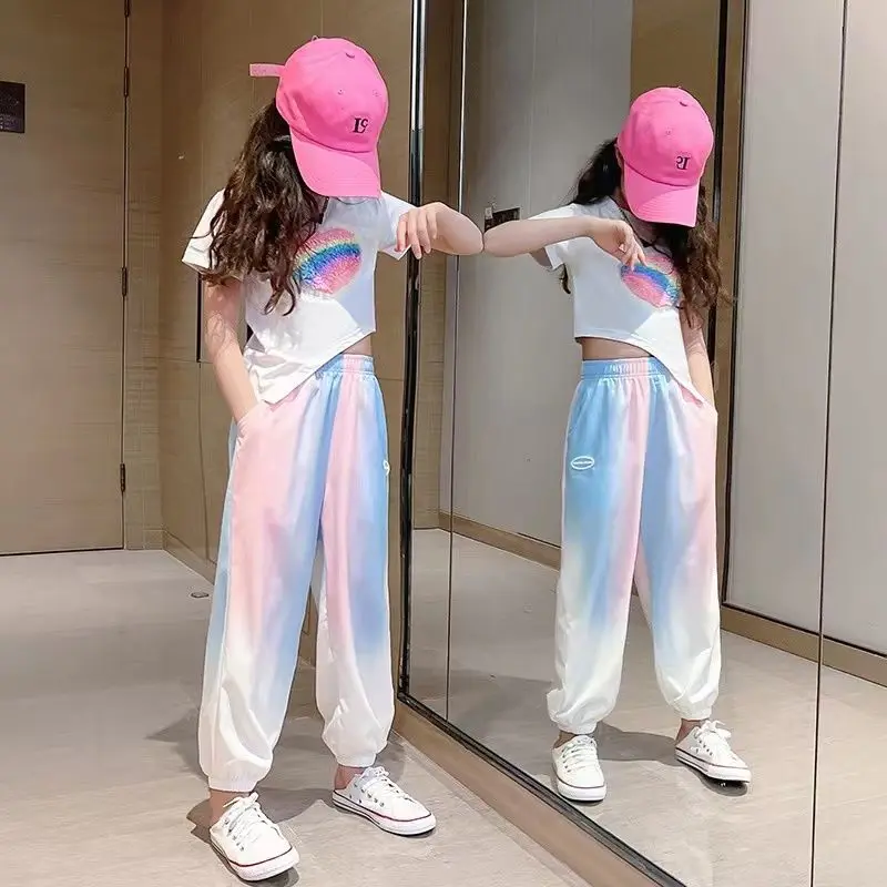 2023 여아 여름 스포츠 세트, 어린이 반팔 및 모기 방지 바지, 타이드 어린이 패션 운동복, 어린이 라운지웨어, 2 개