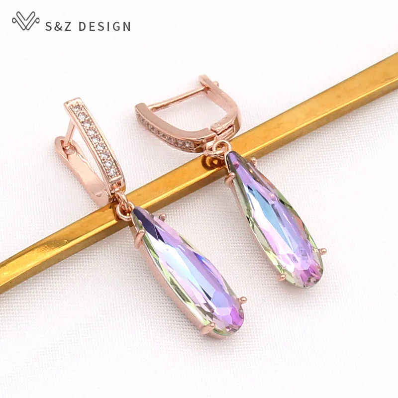 S&Z DESIGN New Fashion Elegant Water Drop Crystal Dangle Earrings For Women Wedding 585 Rose Gold Color Cubic Zirconia Jewelry