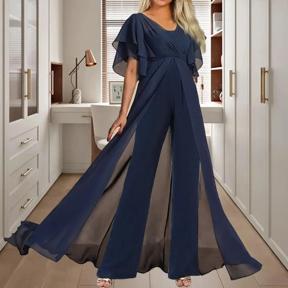 

Soft Party Jumpsuit Elegant V-neck Jumpsuit with Wide-leg Hem High Waist See-through Back Zipper for Parties Proms Splicing