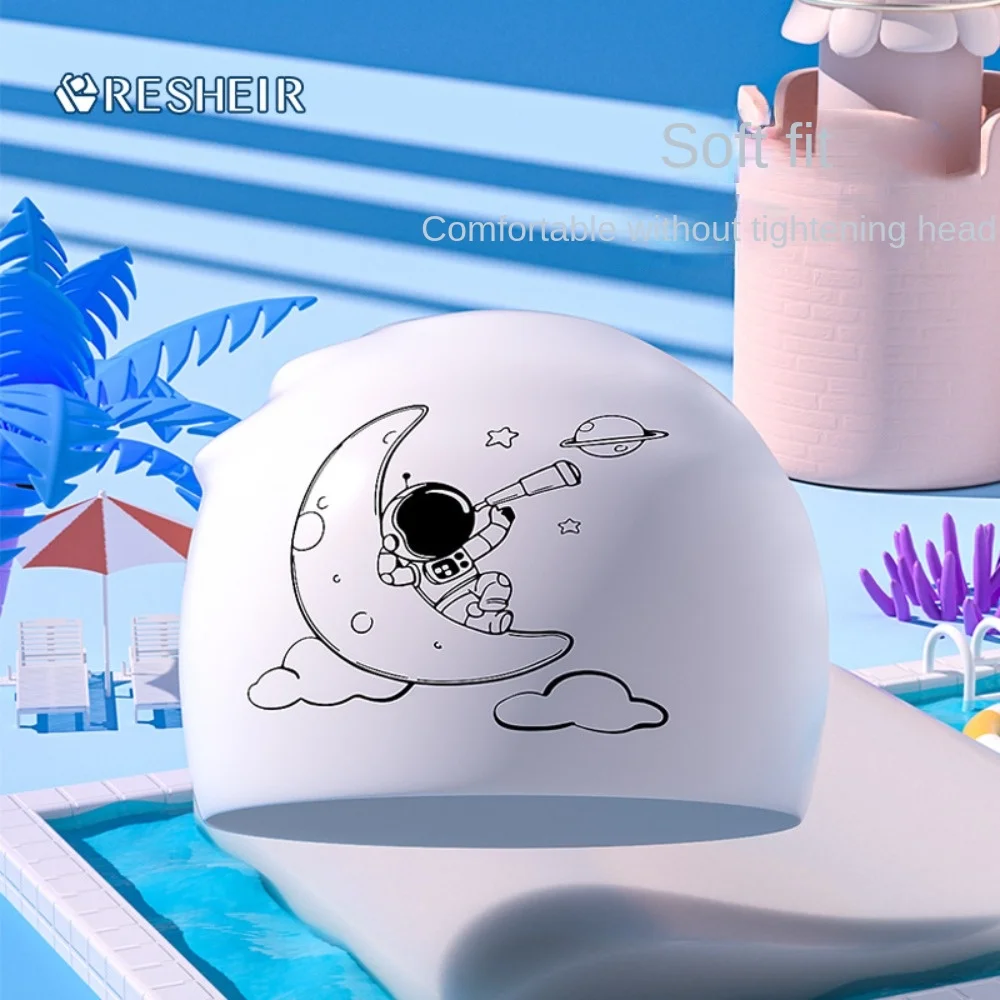 Silicone Swimming Cap Pool Equipment Cartoon Astronaut Pattern Elastic Swimming Hats Antislip Ear Protection Bathing Caps