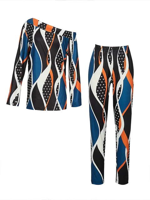 Ensemble pantalon à motif irrégulier pour femme, col incliné, haut à manches longues, taille élastique, grande taille, automne, hiver, nouveau, 2023 2