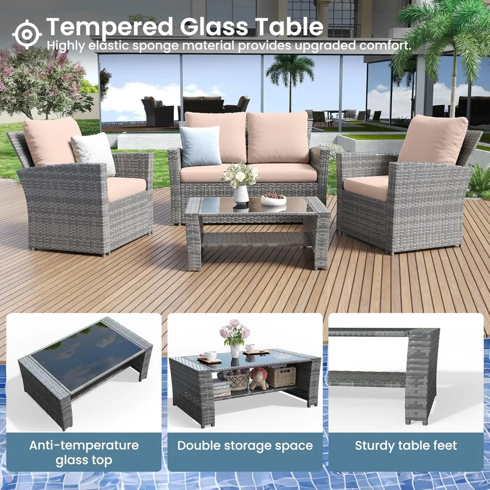 4 Pieces Outdoor Patio Furniture Set,Wicker Sectional Sofa Outdoor Patio Set Rattan Patios Furniture, Patios Conversation 5