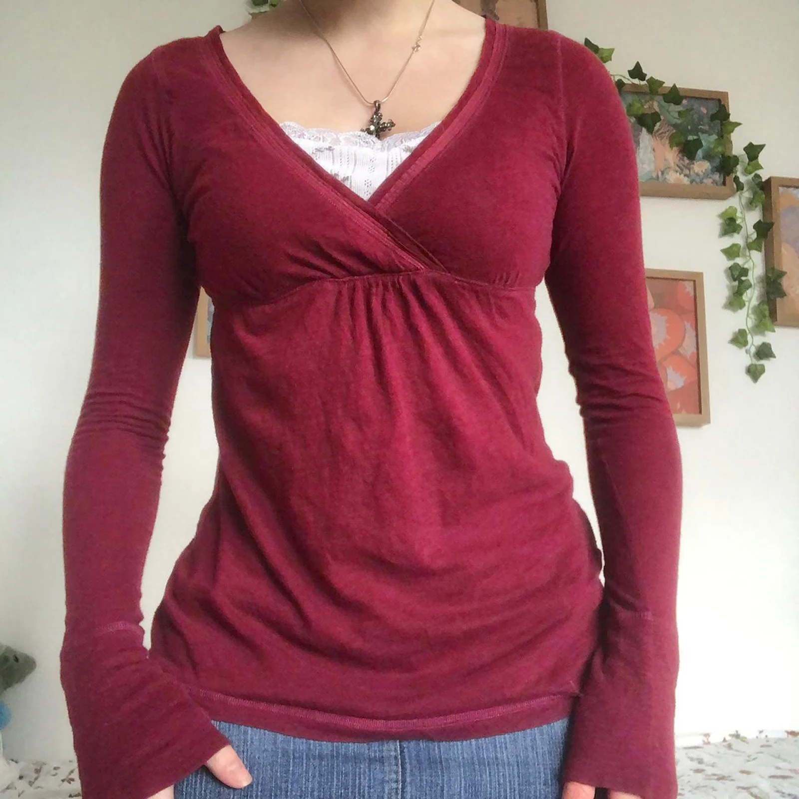 ตัวเลือกสินค้า เสื้อยืด Y2k คอวีแขนยาว ผ้าฝ้าย ใส่สบาย วินเทจ