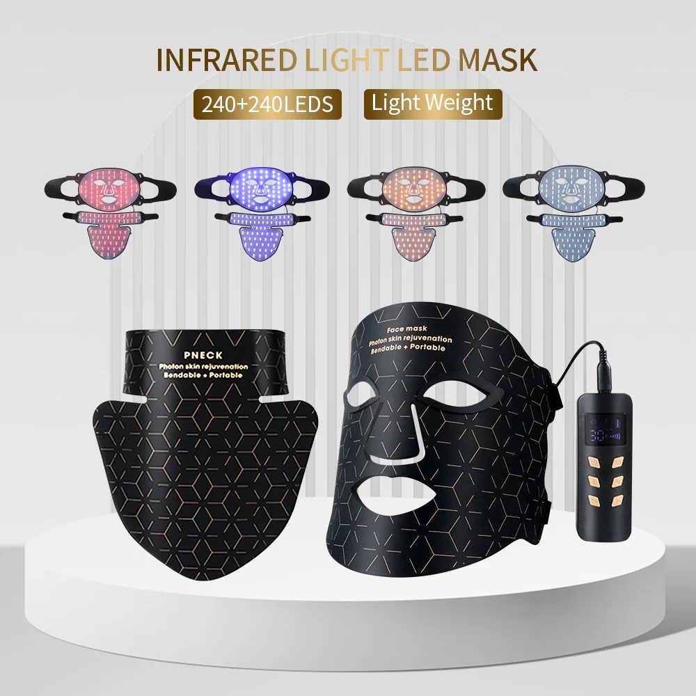 LED Facial Mask Neck Silicone Facial Mask 240LEDs Infrared Light Skin Rejuvenation Anti-Wrinkle Brighten 3D Phototherapy Mask