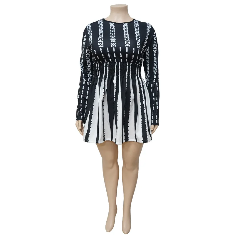 Vintage Striped Printing Plus Size Clothes 2022 Spring Autumn New Round Neck Waist Long Sleeve Mini Dress Casual Female Clothing
