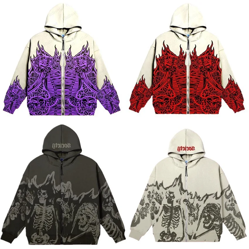 

Y2K Vintage Skeleton Hoodie 2023 Autumn Long Sleeve Zipper Coat Top Gothic Streetwear Fashion Clothing Men Women Hooded Tops