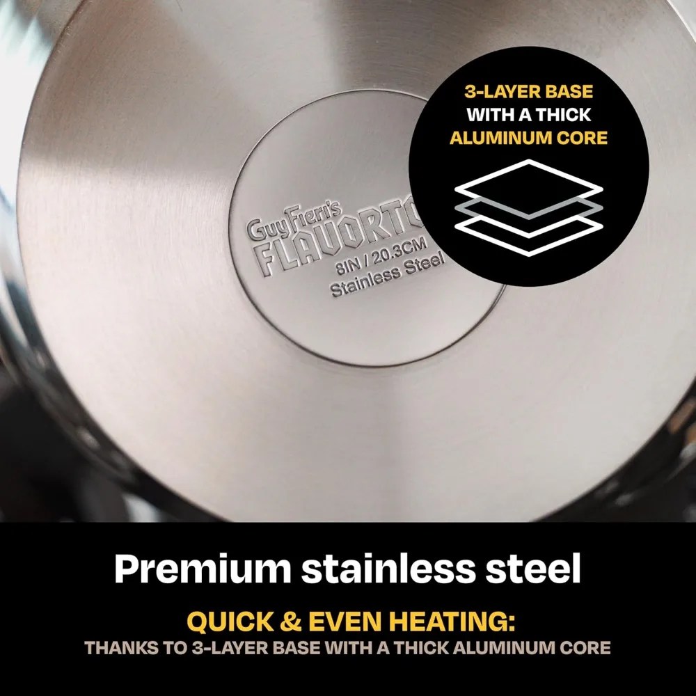 Guy Fieri's Flavortown 10-Piece Stainless Steel Cookware Set - Includes Frying Pans, Saucepans, Saute Pan and Stock Pot - Non-To