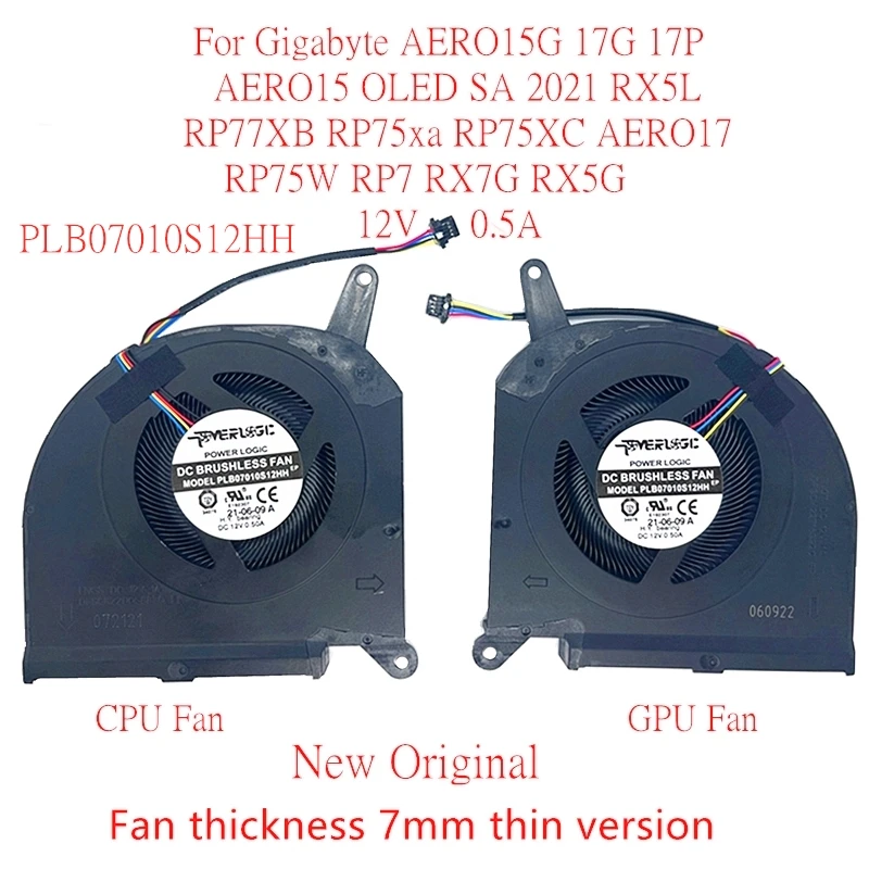 Ventilador de Refrigeração Original para Gigabyte Novo Original Aero15g 17g 17p 2023 Rx5l Rp77xb Rp75xa Rp75xc Aero17 Rp75w Rp7 Rx7g Rx5g 12v mm