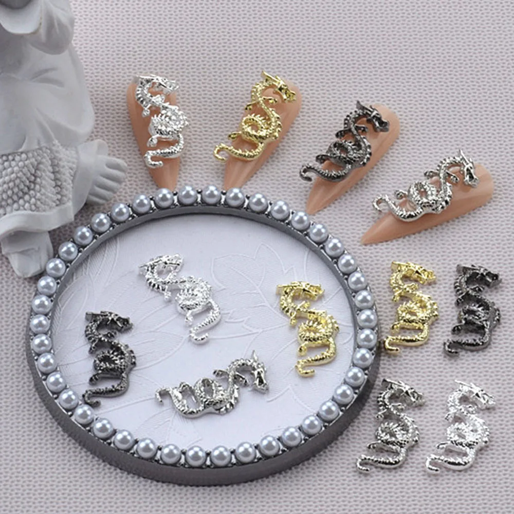 10Pcs/lot 3D Zodiac Dragon Nail Art Charms Alloy 2023 Luxury Gold Silver Black Luxury Retro Chinese Decorations Nail Parts Bulk