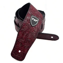 Premium Genuine Leather Guitar Strap - 2.5 Adjustable Soft Embroidered Belt (Red)