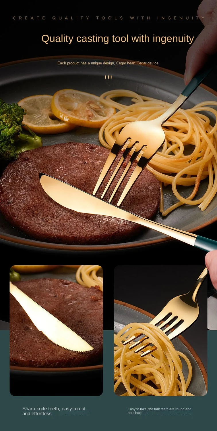 Description Picture 6 of item24pcs Black Gold Dinnerware Set Stainless Steel Steak Knife Fork Coffee Spoon Teaspoon Flatware Dishwasher Safe Kitchen Tablewar