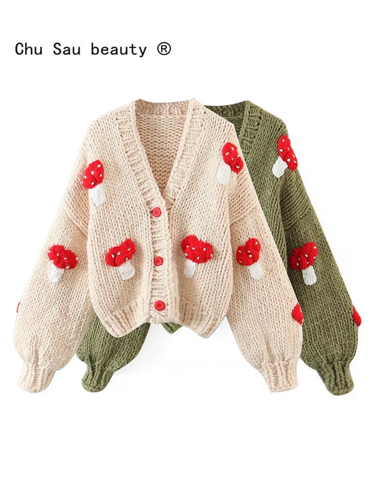 

2022 Autumn Winter Sweet Cute Handmade Mushroom Sweater Women Loose V-Neck Casual Short Knit Cardigan Jacket Female Coat