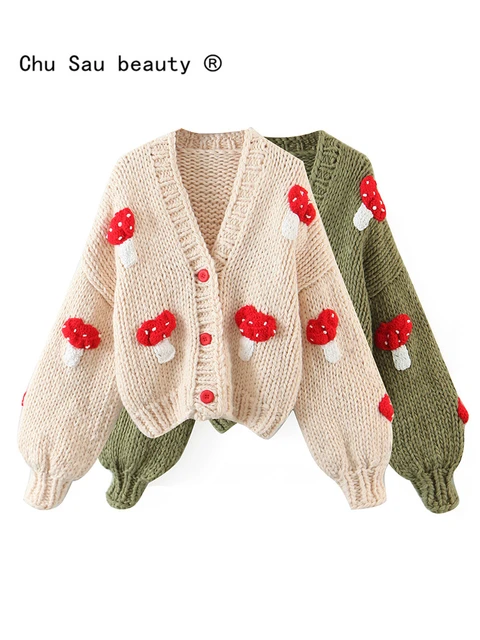 2022 Autumn Winter Sweet Cute Handmade Mushroom Sweater Women Loose V-Neck  Casual Short Knit Cardigan Jacket Female Coat - AliExpress