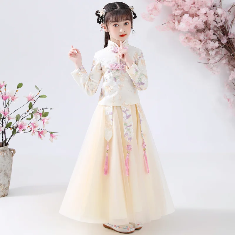 Children Autumn New Chinese Style Retro Tassel Embroidery Hanfu Costume Girls Party Evening Performance Princess Dress Qipao
