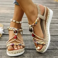 Nouvelles sandales compensées d'été pour femmes, sandales à bout ouvert bohèmes légères et confortables avec bande élastique, sandales à talons hauts plateforme pour femmes 5