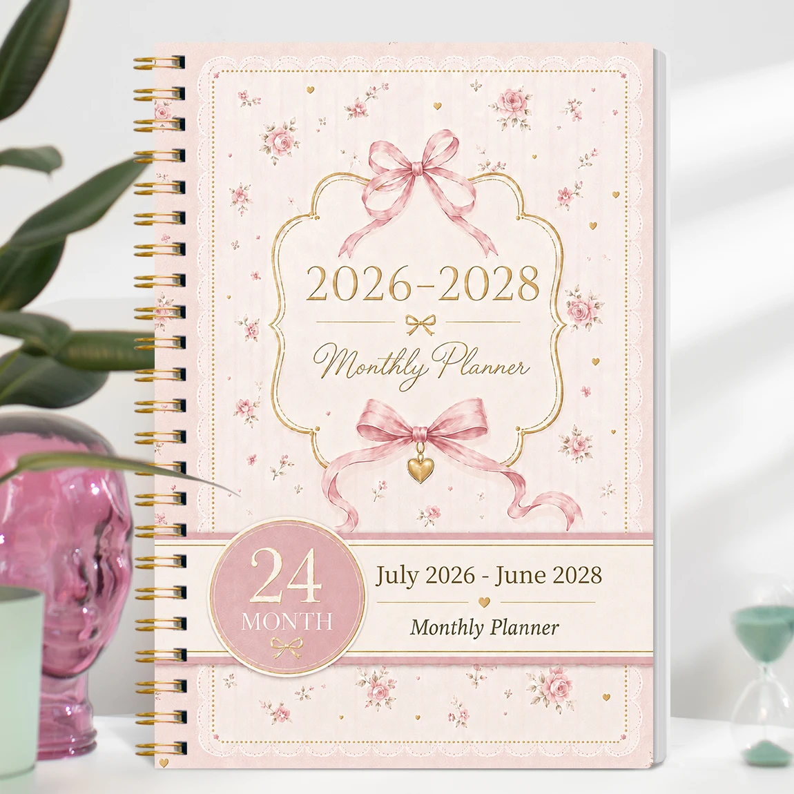 1 Pezzo Agenda Mensile Accademica 2026-2028, Calendario a Spirale A5 per 24 Mesi con Blocchi Grandi, Note, Copertina Floreale Rosa con Fiocco - immagine 5