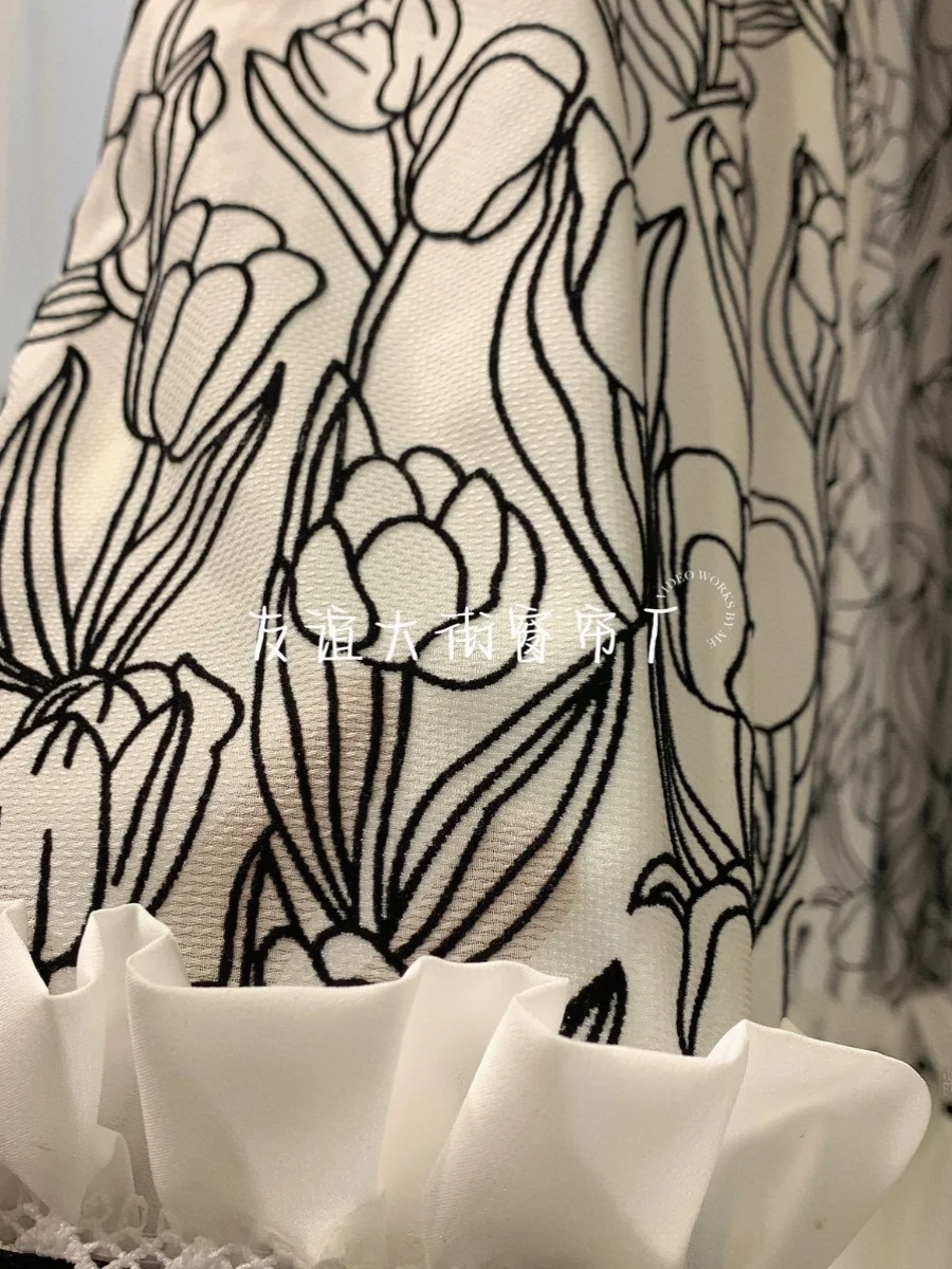 French Black and White Tulip Jacquard Cotton Linen Patched Curtains for Bedroom Living Room French Window Customized Villa