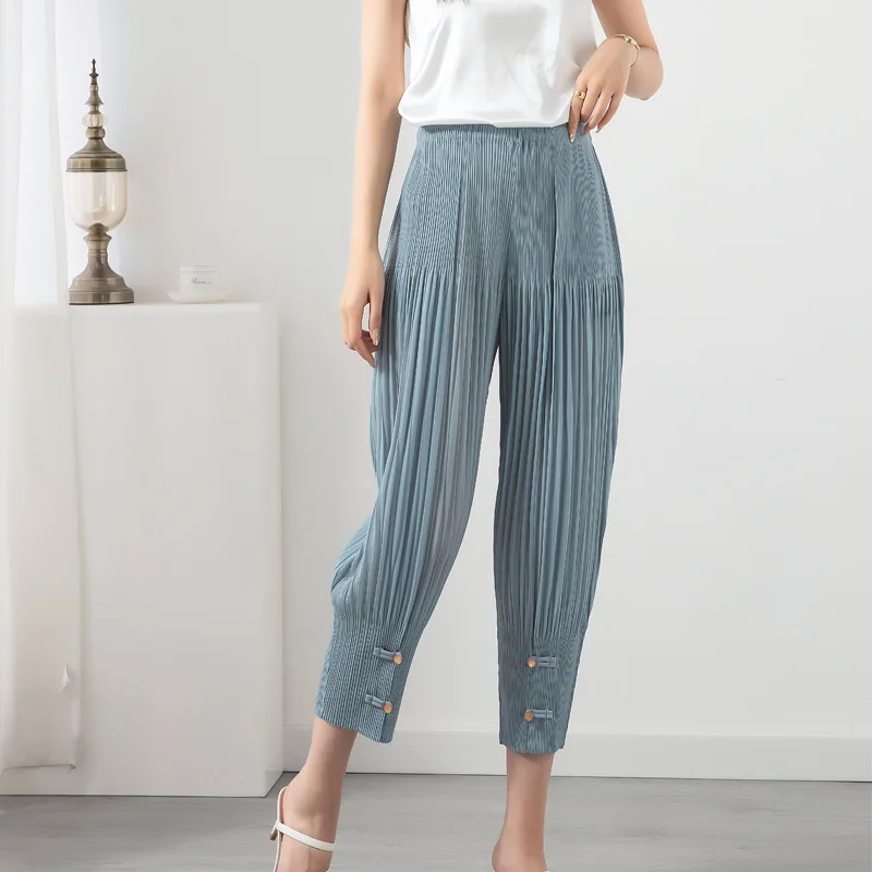 Miyake Casual Ankle Banded Pants Women's 2022 Summer New Loose Large Size  Lantern Pleated Cropped Harem Pants Pants for Women boyfriend ripped jeans for women 2022 hot sale casual high waisted loose vintage denim harem pants big size woman white jeans