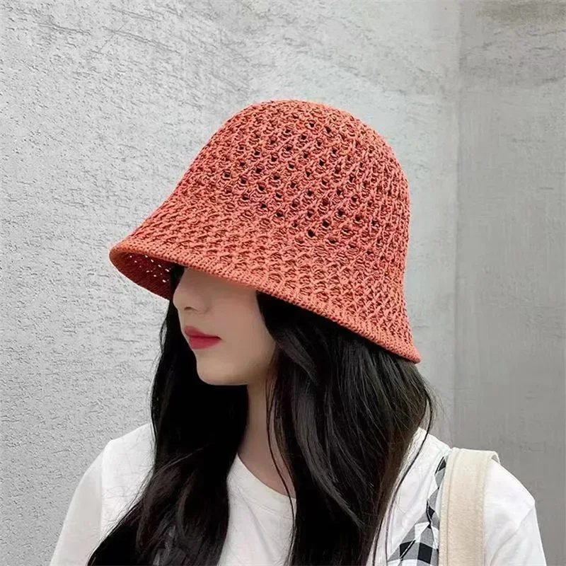Women Bucket Hat Designer Wide Brim Summer Straw Woven Sun Visor Hats Hollow Striped BeachHat