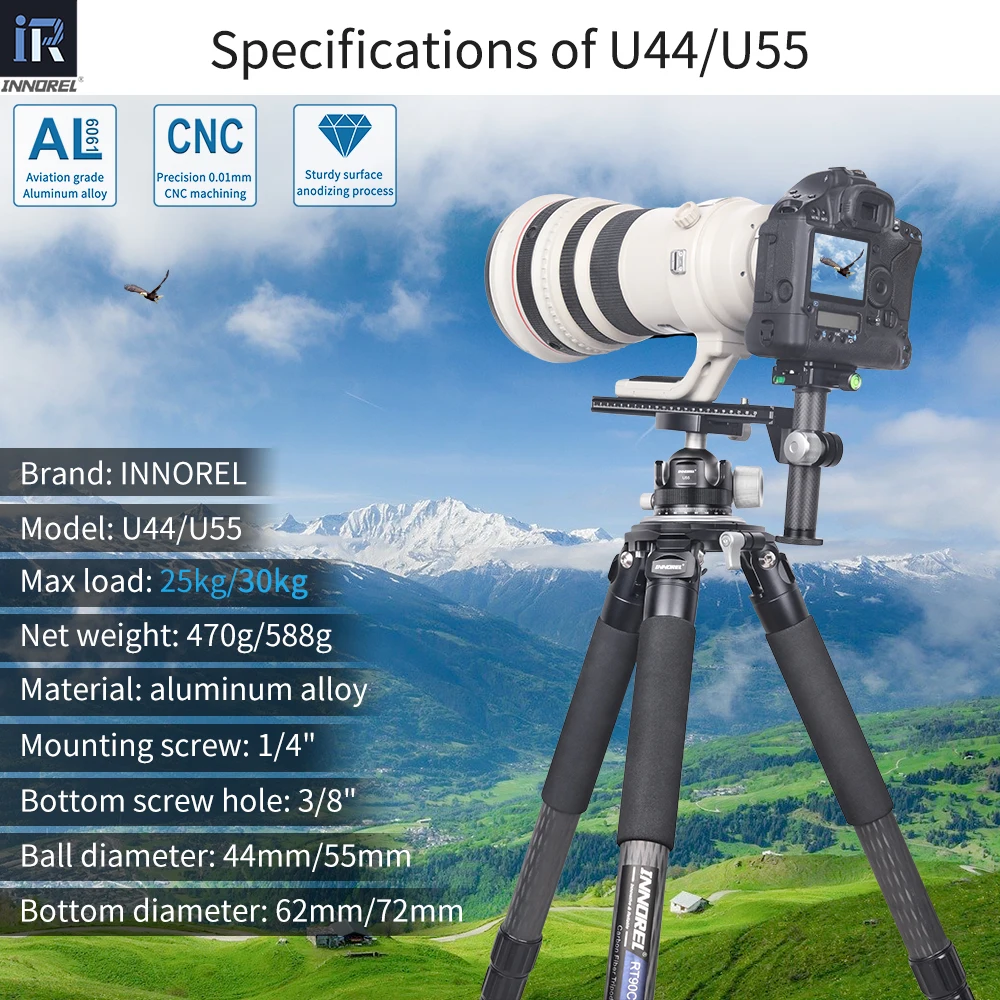 INNOREL U44/U55 Low Profile Camera CNC Metal Heavy Duty 360 Panoramic Tripod Ball Head, for Tripod Monopod DSLR Camera Camcorder