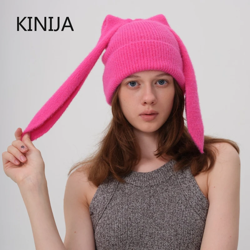 Heiße Winter-Hasen-Hüte für Frauen, lange Ohr-Beanie-Mütze, gehäkelte Strickmütze, Hasenohren-Hüte für Frauen, warme Hüte, Pullover-Kappe