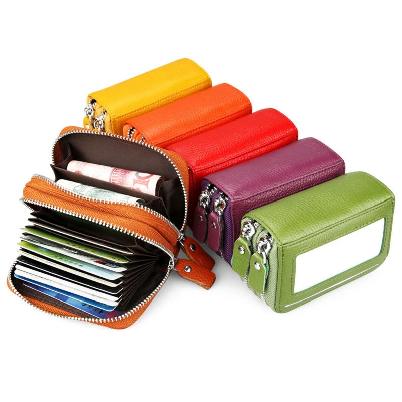 

Genuine Leather Women Double Zipper Wallet Female Red Rfid Coin Purse Small Walet Money Bag Lady Mini Card organ card bag