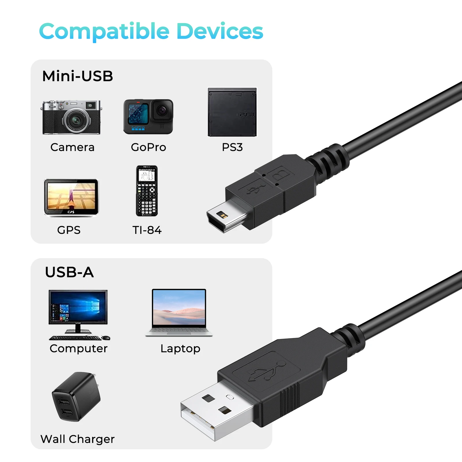 PS3 컨트롤러/카메라/GPS/GoPro/TI-84용 1.8m/1m USB 충전 케이블 플레이스테이션 3 컨트롤러 충전기용 충전기 코드
