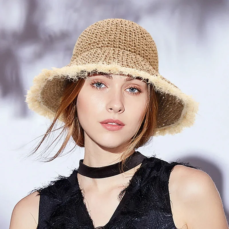Womens Straw Hats Chinese Straw Hat Panamas UV Protection Sun Visor Beach Hats Women Visors Foldable Female Summer Sun Hat