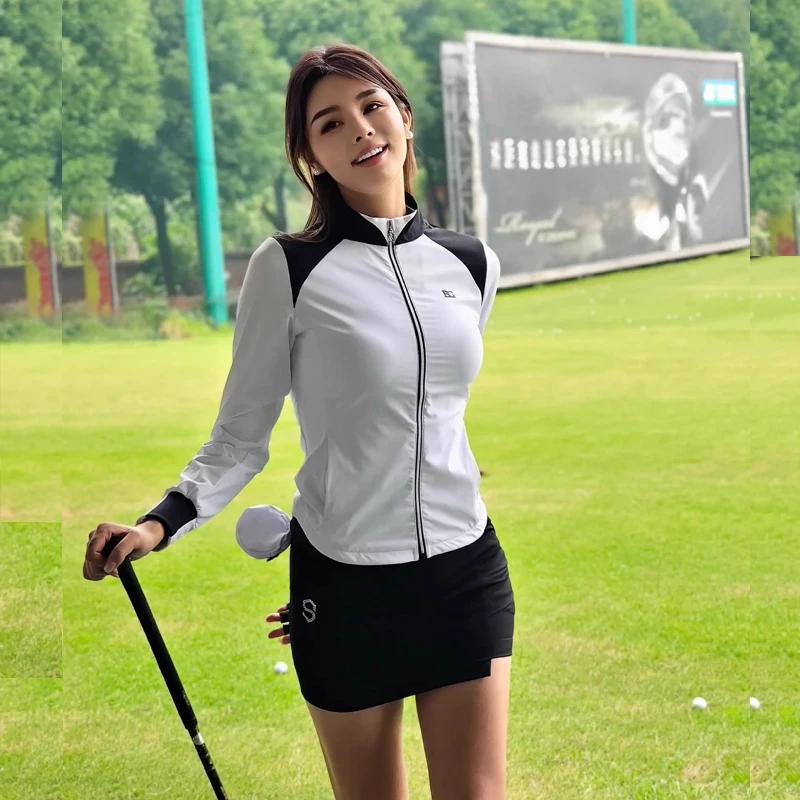 Women spring and autumn thin tench coat golf clothing ladies slim-fit long sleeve contrasting quick dry jacket female golf wear