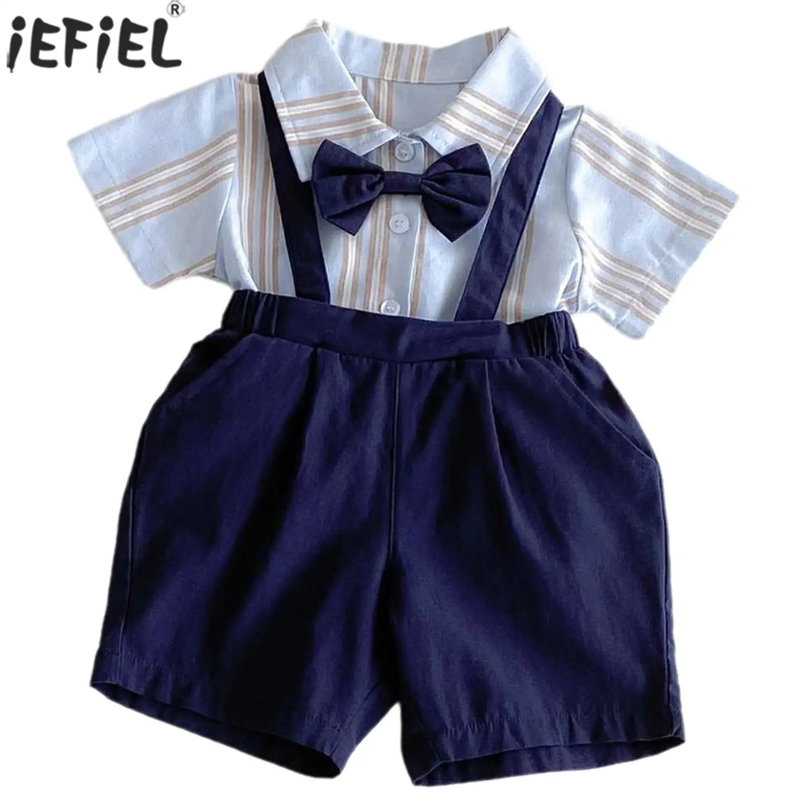 

Toddler Baby Boy Gentleman Suits Summer Clothes Short Sleeve Bow Tie Shirt with Suspender Shorts Birthday Party Wedding Outfits
