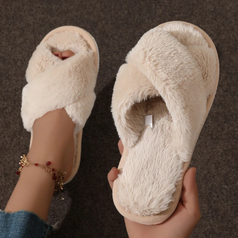 470958-8ade83.jpg Fashion Women Fluffy Slippers Cross Band Soft Plush Cozy House Shoes Furry Open Toe Indoor Outdoor Slip Warm Anti Skid Sole - Image 1