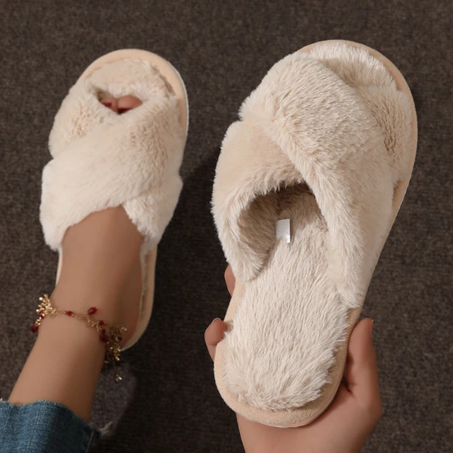 Fashion Women Fluffy Slippers Cross Band Soft Plush Cozy House Shoes Furry Open Toe Indoor Outdoor Slip Warm Anti Skid Sole